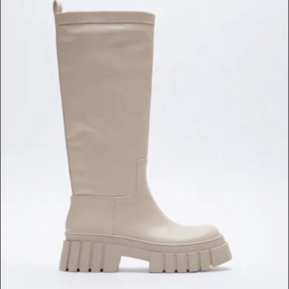 Zara Ecru Chunky Low Heel Tall Boot 37